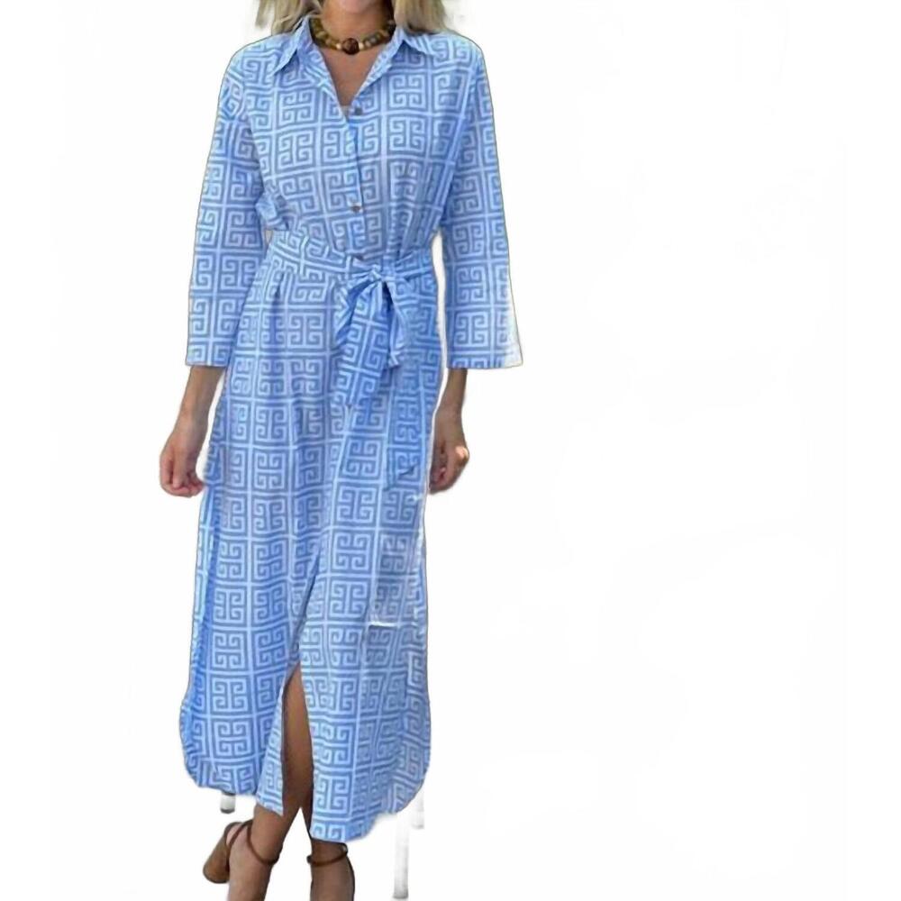 NEW JUST DARVINY dar midi dress in greek key french blue